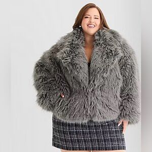Ashley Graham Womens Plus Size Grey Faux Fur Midweight Cropped Coat 3X